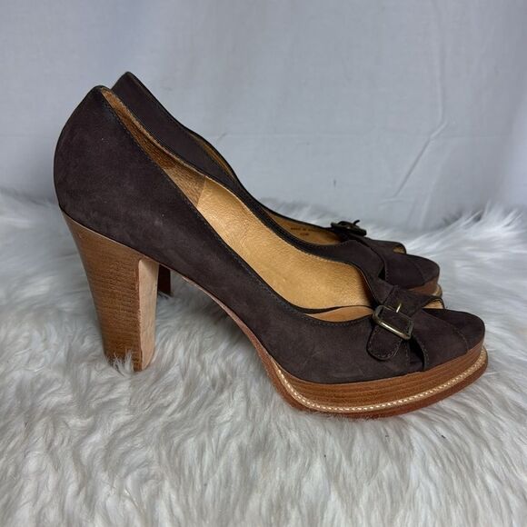 Michael Kors Dark Spice Brown Nubuck Peep Toe Platform Heels Sz 10 - Picture 4 of 6